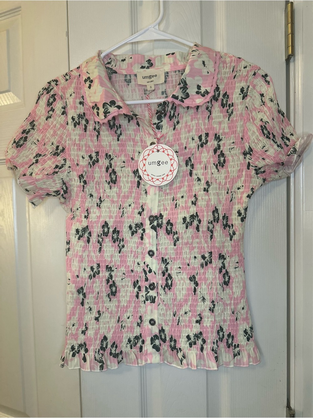 Umgee Pink and Black Floral Smocked Button-Up Blouse
